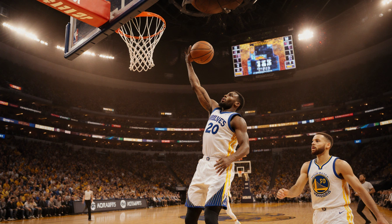 Jaylen Johnson shoots a basketball three‑pointer with Stephen Curry blocking and the scoreboard flashing 127‑120