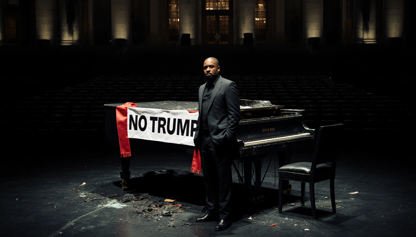 Jazz musician standing on dim stage with No Trump banner and Kennedy Center backdrop