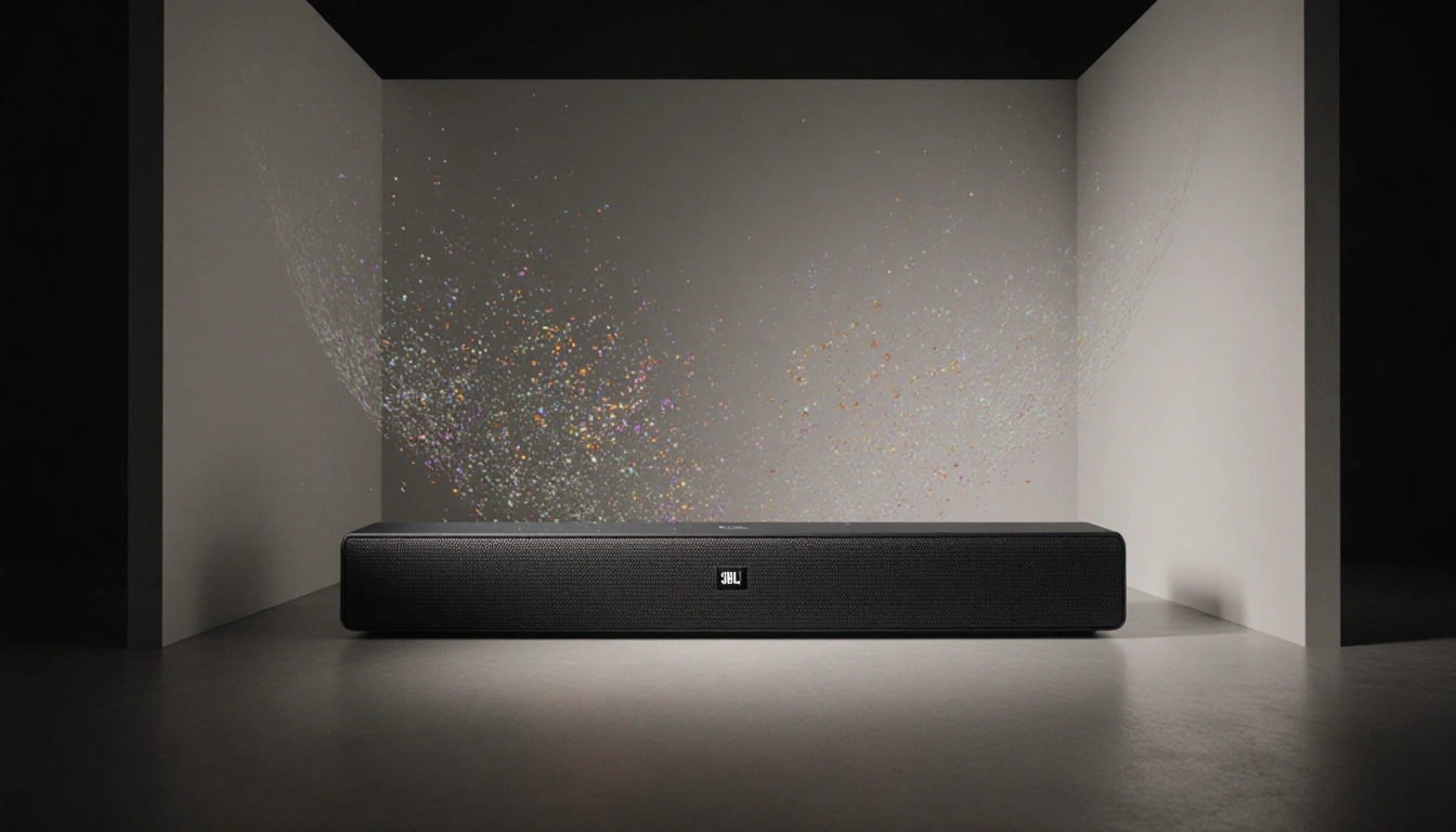 Sound waves bounce off walls with a sleek JBL Bar 500 MK2 in foreground and Dolby Atmos effects