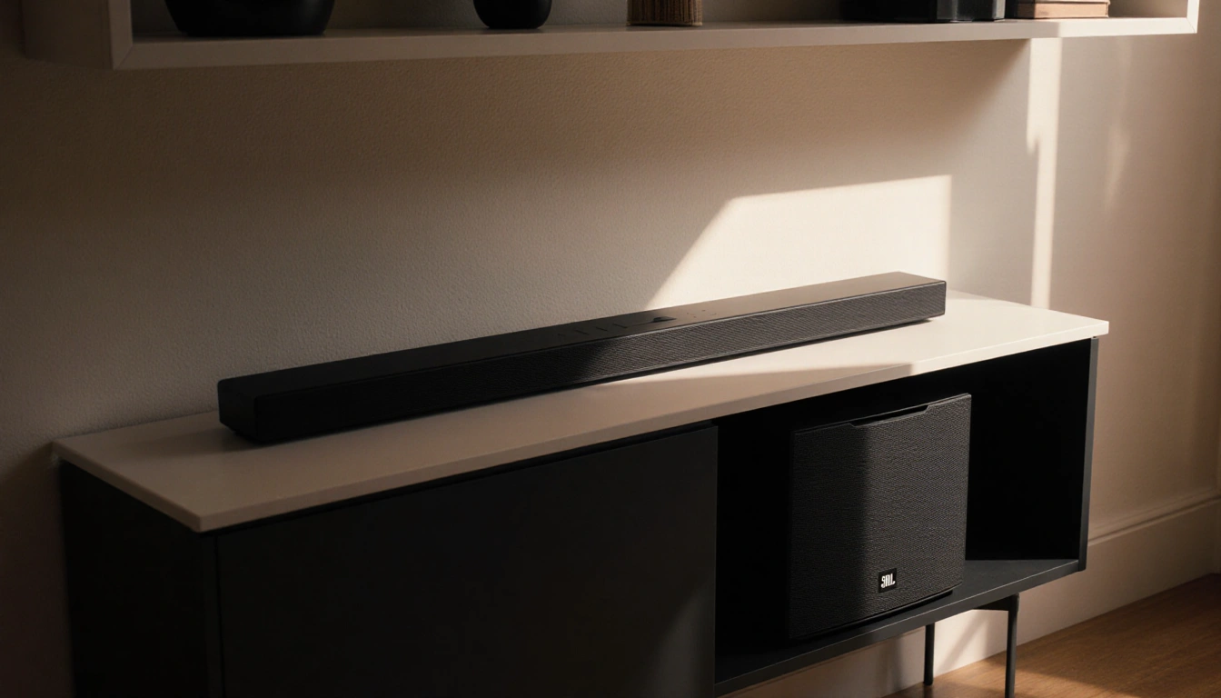 Soundbar positioned on minimalist console with warm lighting highlighting sleek lines and subtle subwoofer shadow