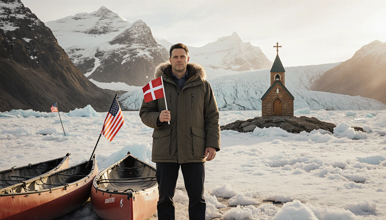 Governor Jeff Landry standing on Greenlandic ice shelf holding a Danish flag with kayaks and US flag in foreground.