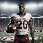 Jelani McDonald stands proud on the college football field holding a ball with stadium lights illuminating him and a blurred