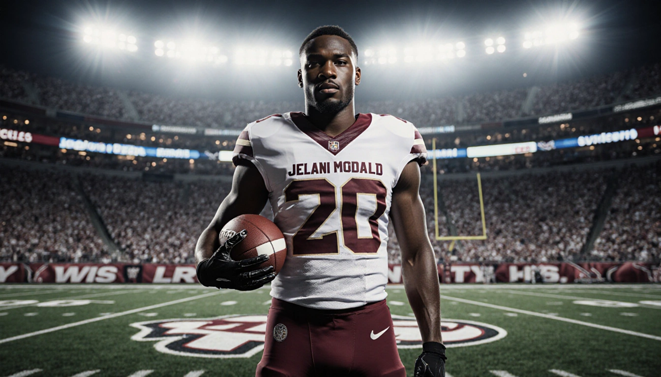 Jelani McDonald stands proud on the college football field holding a ball with stadium lights illuminating him and a blurred