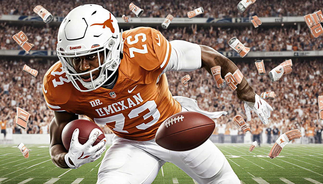 Jelani McDonald intercepts a football with Longhorns number 73 and gloves in a blurred stadium crowd