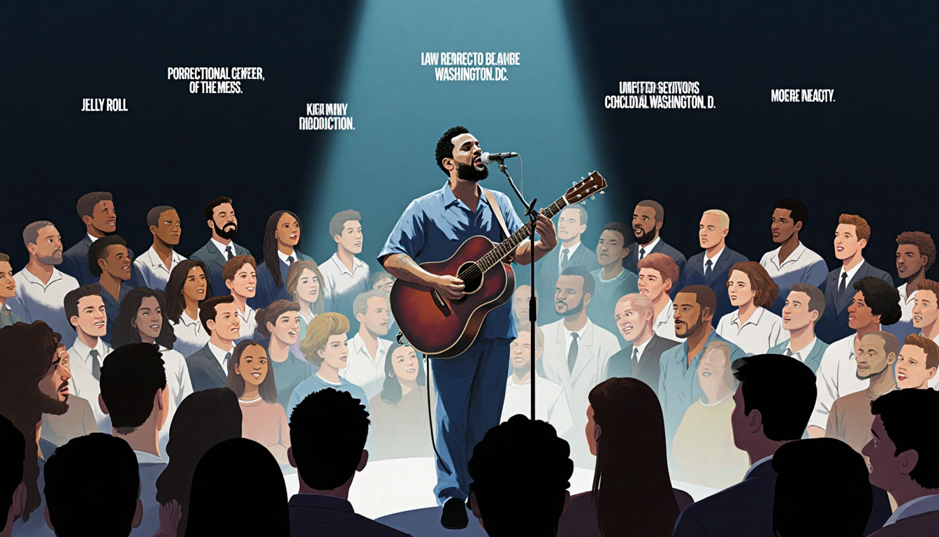 Jelly Roll performing on stage with guitar lights and a crowd of diverse faces singing redemption lyrics