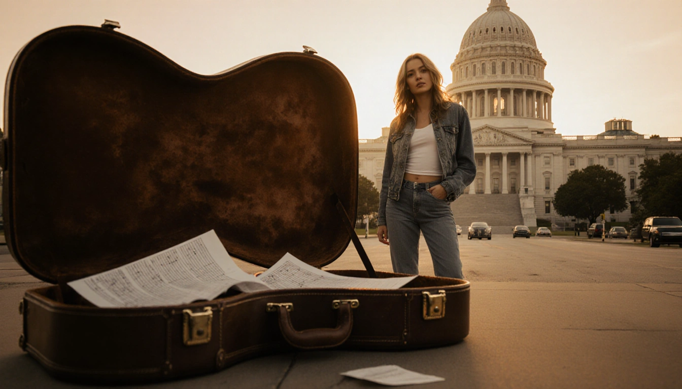 Jenna Roll stands looking at camera with a worn guitar case and song sheets in foreground and Nashville dusk behind her.