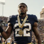 Notre Dame running back Jeremiyah Love standing and raising his arm with number 22 jersey and medals near Golden Dome.