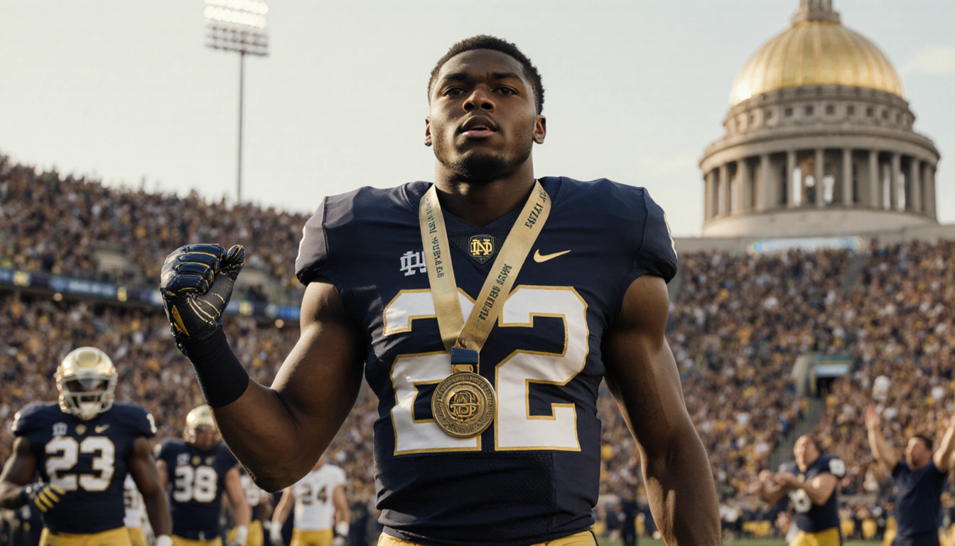 Notre Dame running back Jeremiyah Love standing and raising his arm with number 22 jersey and medals near Golden Dome.