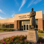 School building illuminated by natural light with a smiling statue of Jessie Daniel Ames and lush greenery at the entrance.