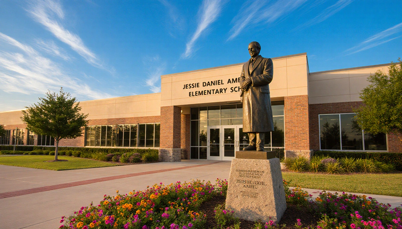 School building illuminated by natural light with a smiling statue of Jessie Daniel Ames and lush greenery at the entrance.