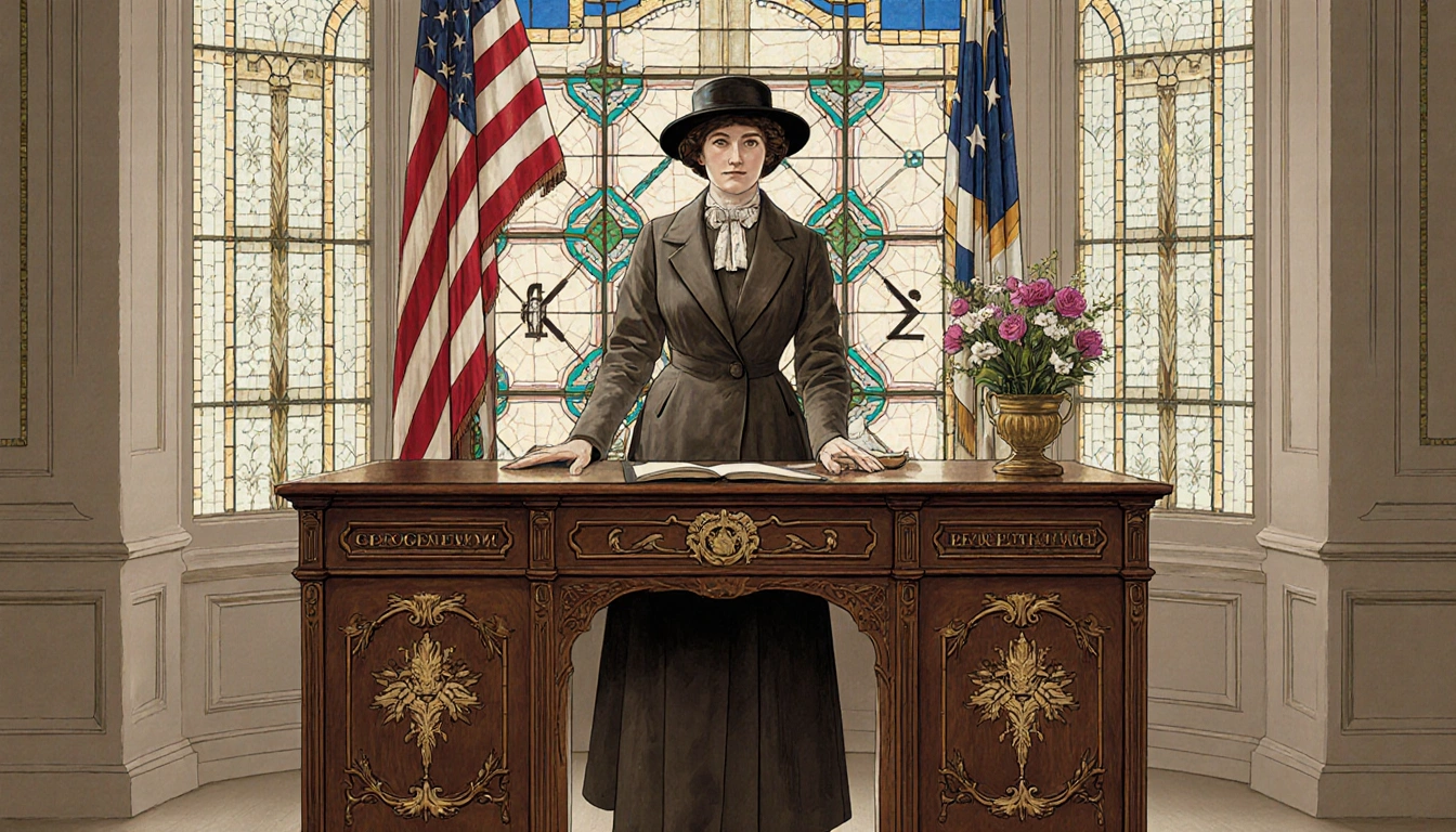 Jessie Daniel Ames stands before a wooden desk with suffrage symbols and 20th century attire glass windows hint at Georgetown