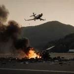 Jet soaring with smoke and flames from wreckage against North Carolina mountains and somber forest.