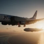 JetBlue airliner flying toward JFK at sunset with a refueling tanker off Venezuela casting a shadow across the ocean