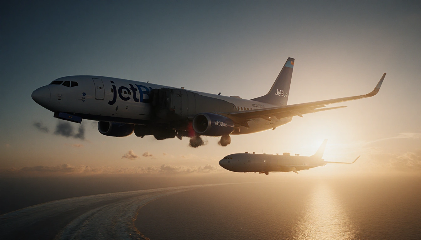 JetBlue airliner flying toward JFK at sunset with a refueling tanker off Venezuela casting a shadow across the ocean