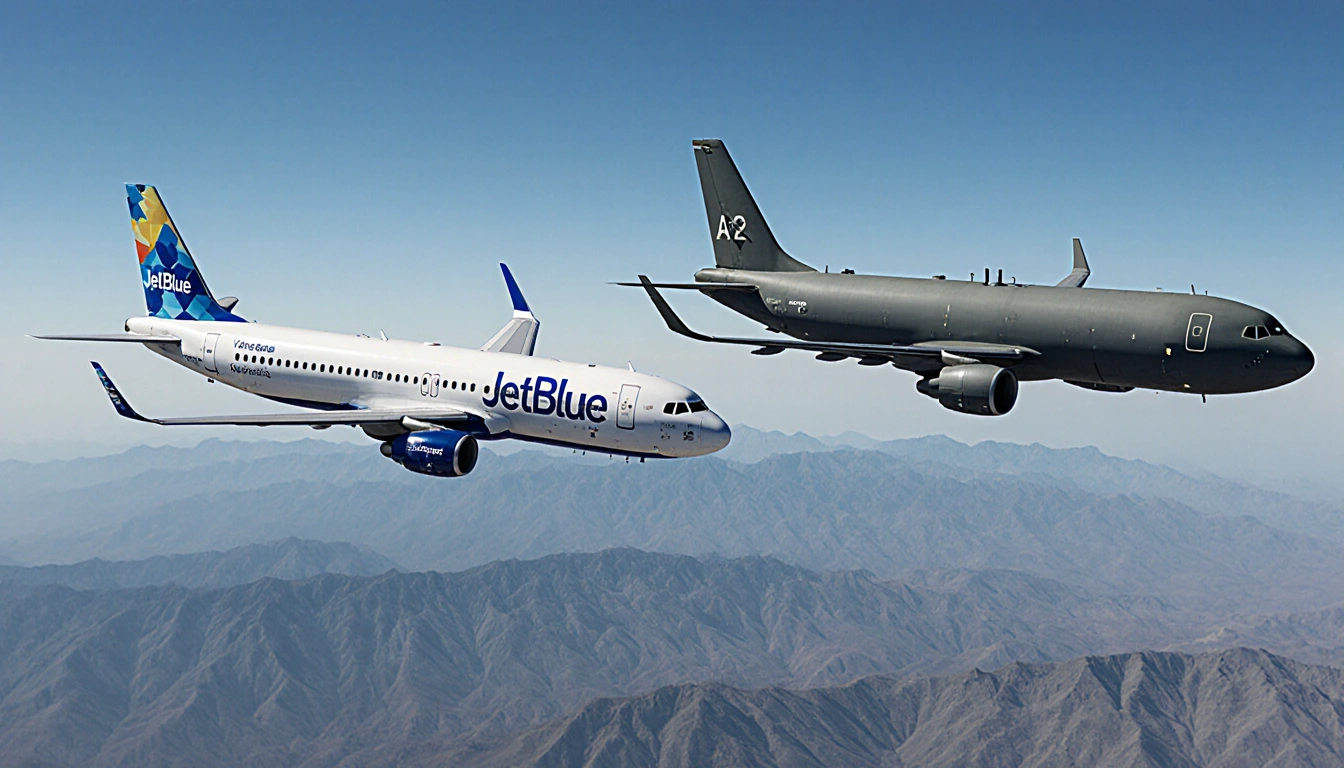 Two aircraft fly side by side with a JetBlue jet and a military tanker over Venezuela