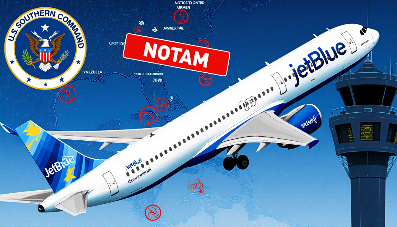 JetBlue jet flying with red NOTAM on control tower screen and map of Venezuela airspace showing ATC symbols