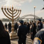 Jewish community walking toward a warm‑lit menorah with security staff in front and blurred Sydney beach in background.