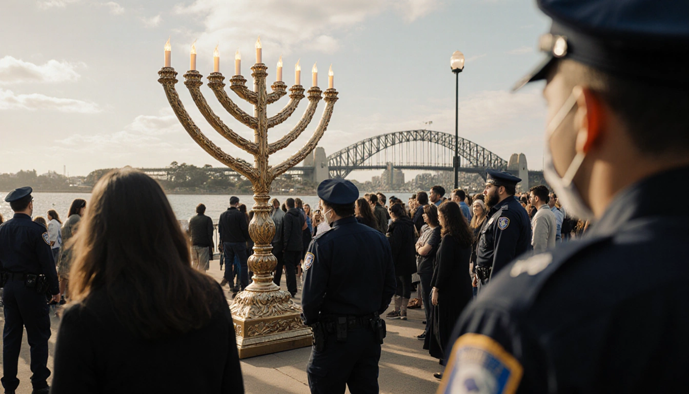 Jewish community walking toward a warm‑lit menorah with security staff in front and blurred Sydney beach in background.