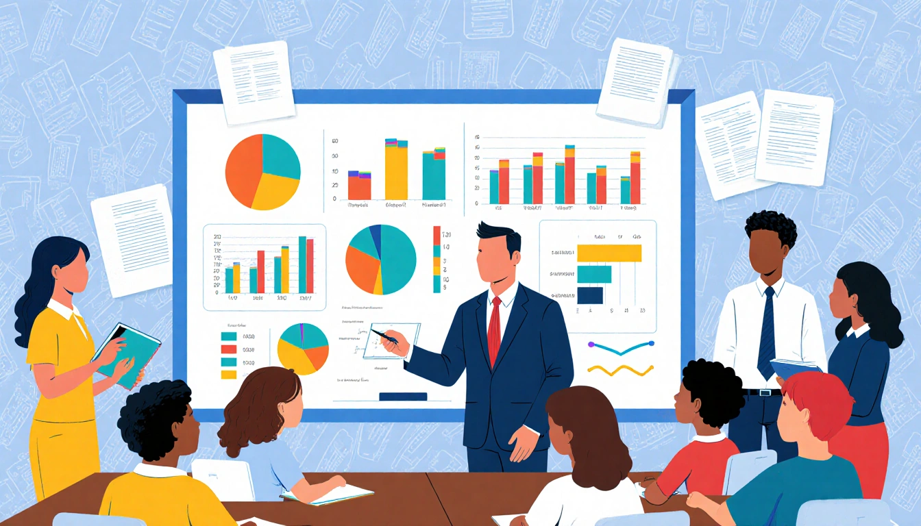 Jim Hunt speaking to diverse students and teachers with colorful whiteboard charts and graphs on standardized testing reform.