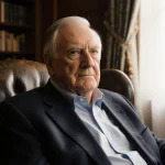 Governor Jim Hunt of North Carolina sits in worn leather armchair with soft window light and books in the background.