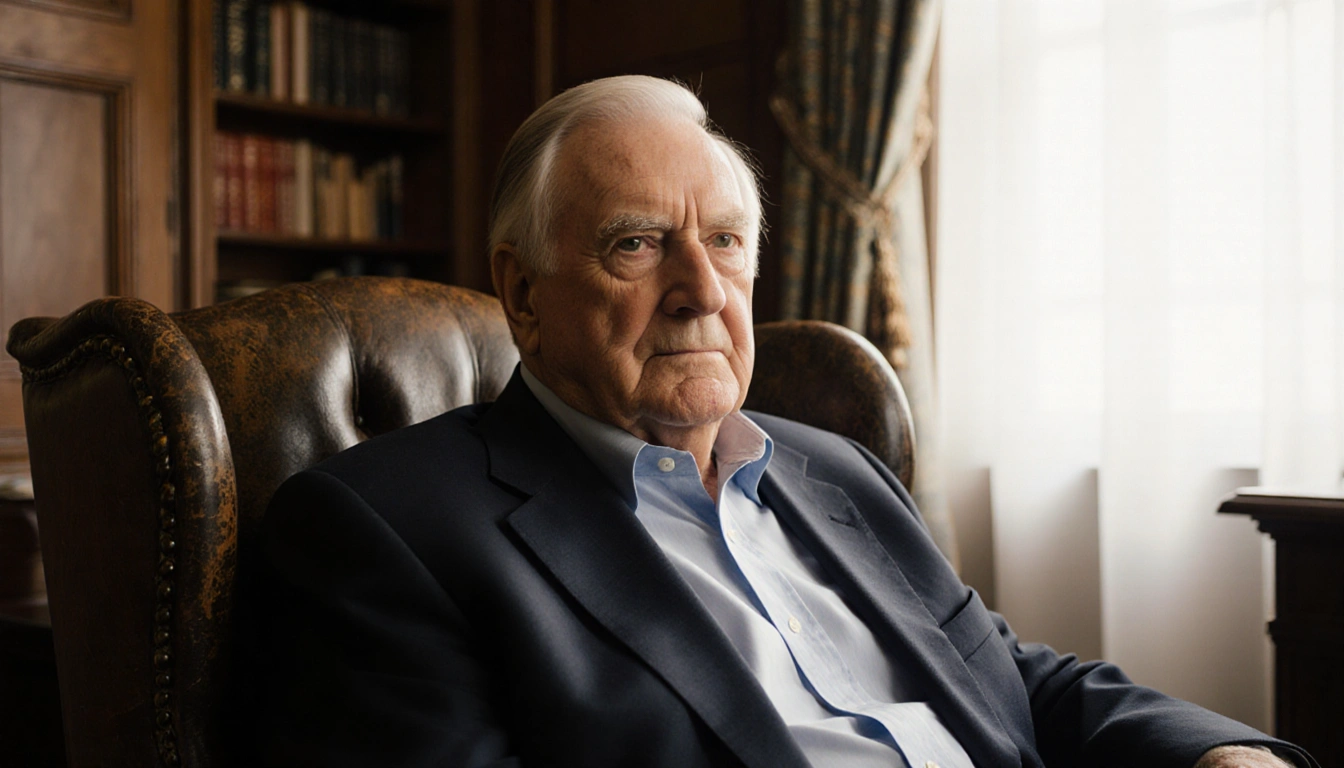Governor Jim Hunt of North Carolina sits in worn leather armchair with soft window light and books in the background.