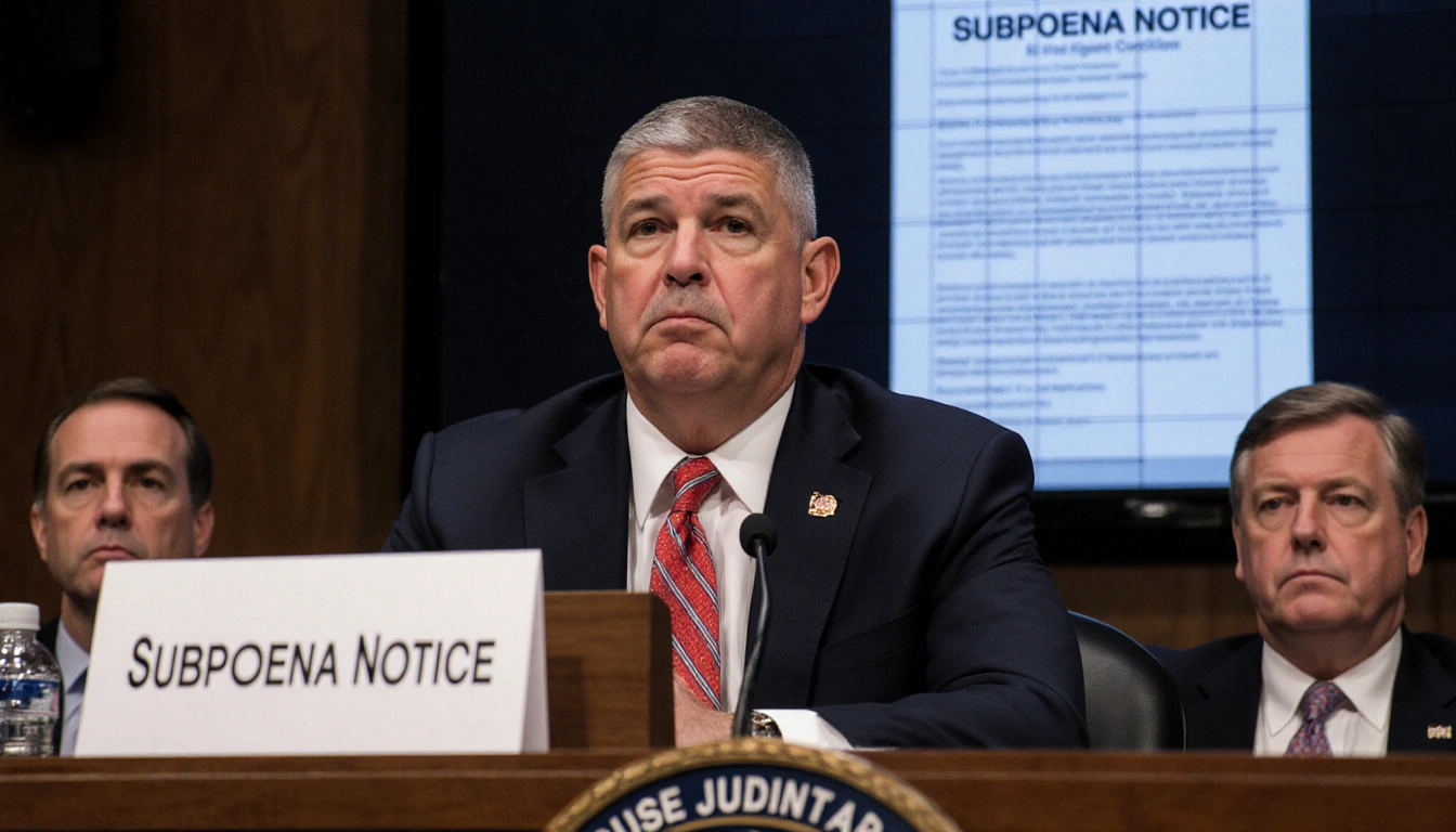 Jim Jordan sits at a witness table with Jack Smith across and House Judiciary Committee behind and subpoena notice on screen.
