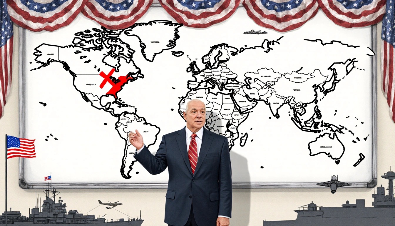 Jim McGovern stands before a whiteboard with a red X map of Venezuela and American flags and faint U.S. military outlines.