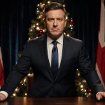 Jimmy Kimmel standing behind ornate desk in festive suit with stern expression and Christmas tree in front of flag backdrop