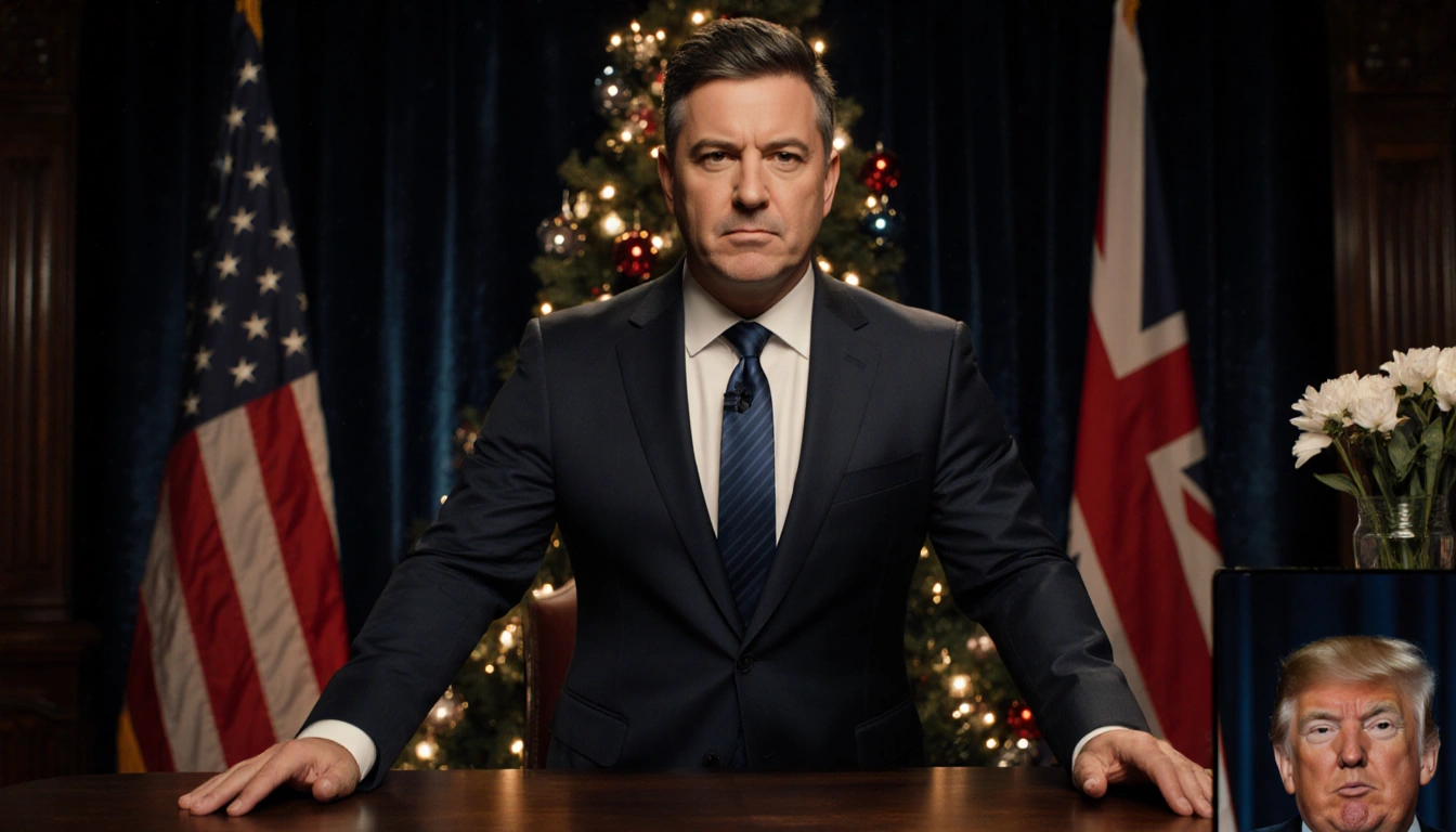 Jimmy Kimmel standing behind ornate desk in festive suit with stern expression and Christmas tree in front of flag backdrop