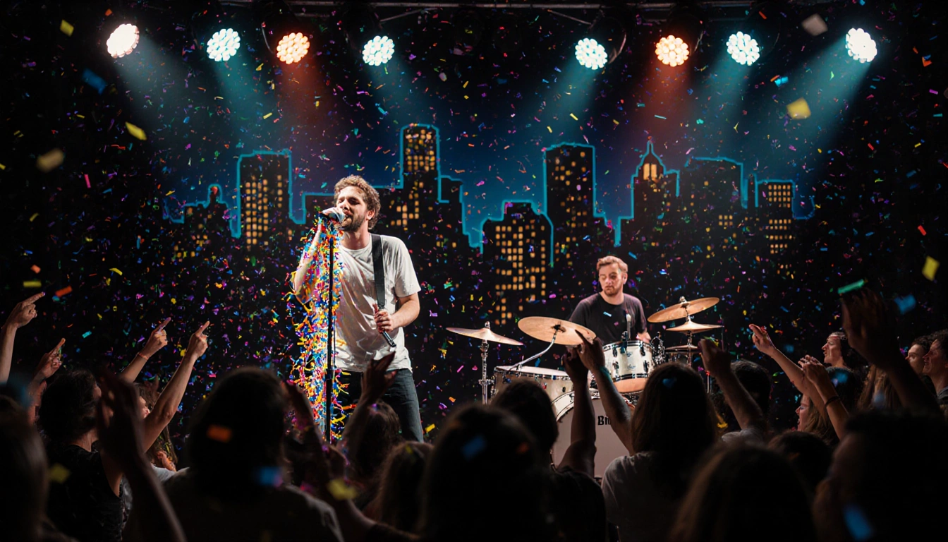 Lead singer singing with colorful streamers on mic stand and flashing strobe lights beside neon NYC skyline and dancing crowd