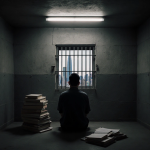 Jimmy Lai sits alone in a dim Hong Kong prison cell with a stack of unopened books and a faint skyline.