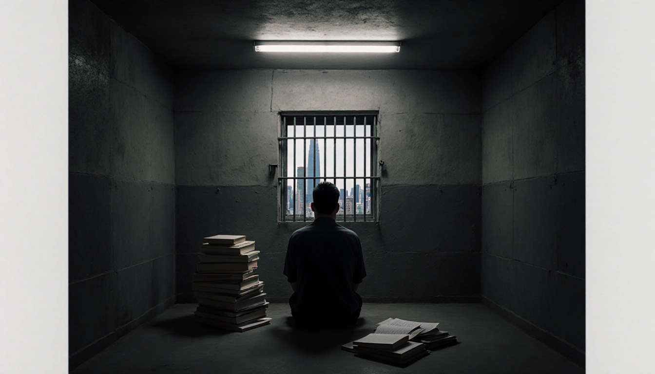 Jimmy Lai sits alone in a dim Hong Kong prison cell with a stack of unopened books and a faint skyline.