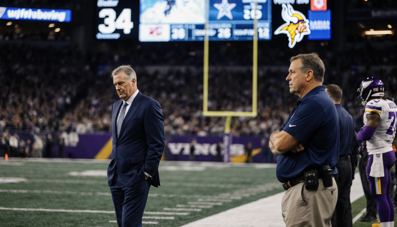 J.J. McCarthy standing on Cowboys sideline dejected with Vikings coach arms crossed in victory and scoreboard 34-26 behind