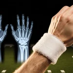 J.J. McCarthy’s right hand wrapped in ice pack showing X‑ray bones with a football field backdrop highlighting the injury.