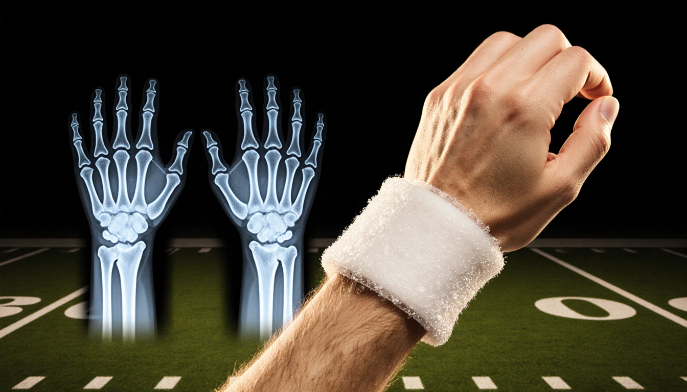 J.J. McCarthy’s right hand wrapped in ice pack showing X‑ray bones with a football field backdrop highlighting the injury.