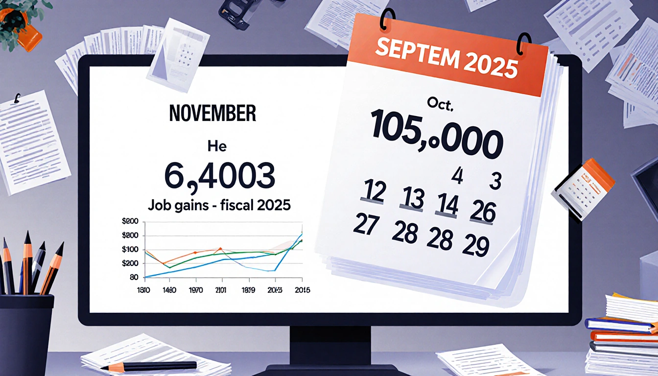 Graph showing November job gains and October job losses with a newsroom backdrop and a giant calendar page.
