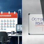 Calendar shows 64,000 new jobs with vibrant office and whiteboard shows 105,000 lost jobs with dim room and faint FedReserve
