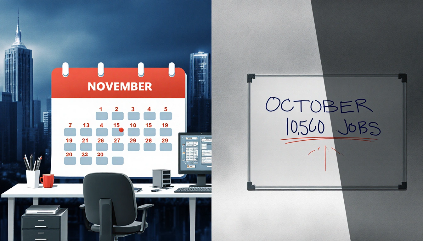 Calendar shows 64,000 new jobs with vibrant office and whiteboard shows 105,000 lost jobs with dim room and faint FedReserve