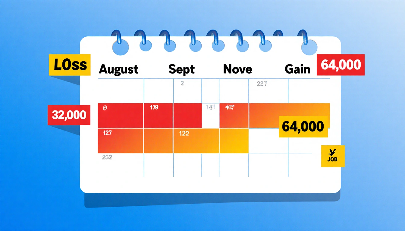 Calendar displaying August September and November with job loss 33,000 and gain 64,000 labor data blue-toned background.