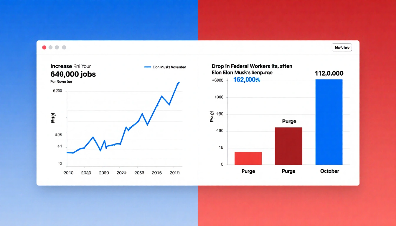 Graph rises with 64k job gains and bar falls labeled purge showing federal workers drop against blue and red gradient