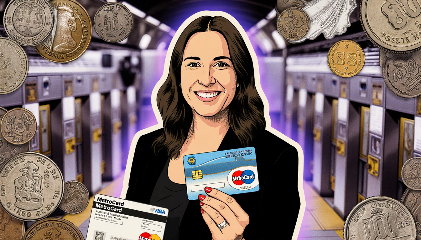 Jodi Shapiro holds a MetroCard with nostalgic subway tokens and MetroCards surrounding her near a blurred old station.