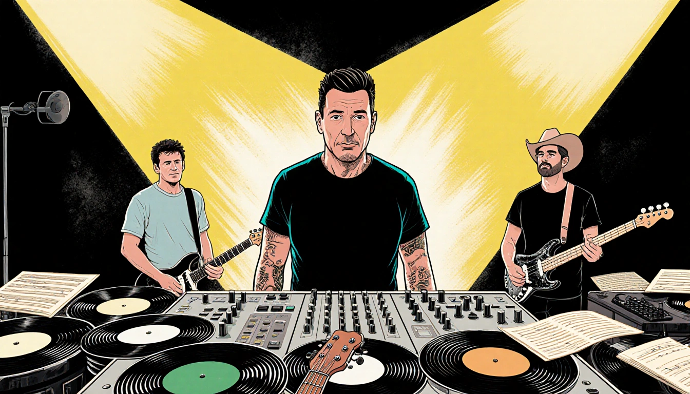 Joe Ely standing with a mixing board and guitars while surrounded by vinyl records on a spotlighted stage