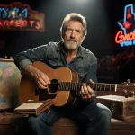 Joe Ely sits at a stage holding an acoustic guitar and a notebook spotlight illuminating his weathered face with neon lights