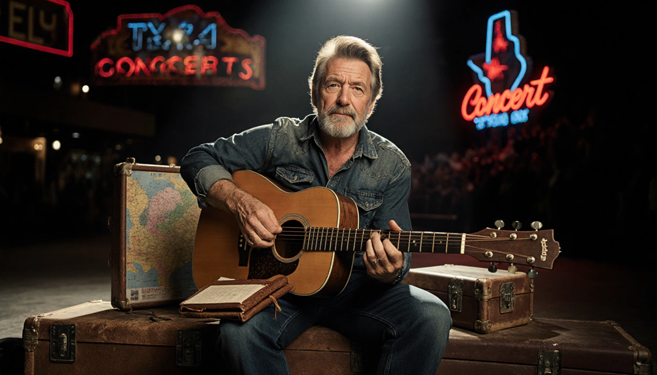 Joe Ely sits at a stage holding an acoustic guitar and a notebook spotlight illuminating his weathered face with neon lights