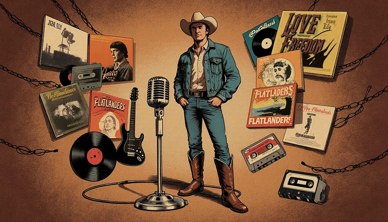 Joe Ely standing before a microphone with country denim jacket and cowboy boots and a collage of album covers