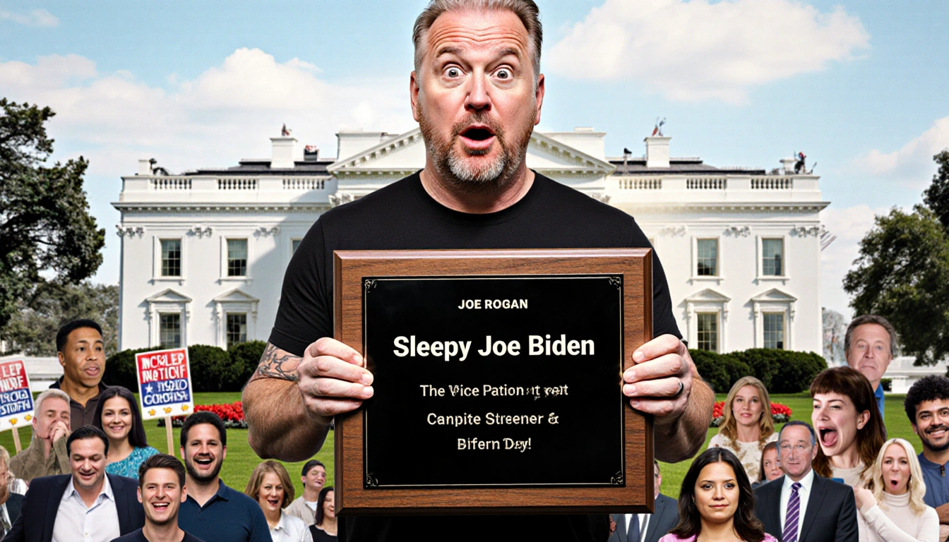 Joe Rogan holds glowing plaque reading Sleepy Joe Biden with surprised gestures White House backdrop with reactions nearby