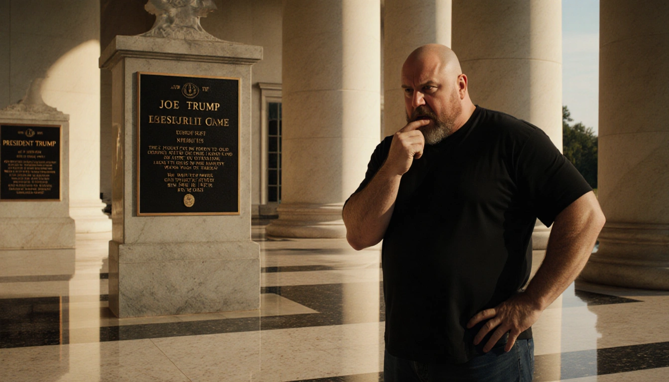 Joe Rogan looks sternly at a Trump plaque on the White House Colonnade with polished marble floor reflecting grandeur.