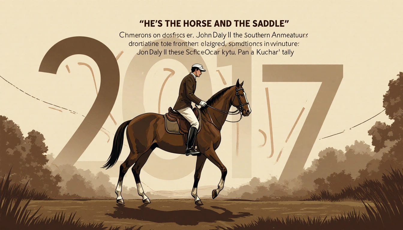 John Daly II riding a horse with elegant attire in a rustic landscape and subtle abstract tally lines in background.