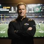 John Harbaugh standing with split-screen replay of Ravens touchdown on large screen and stadium lights behind