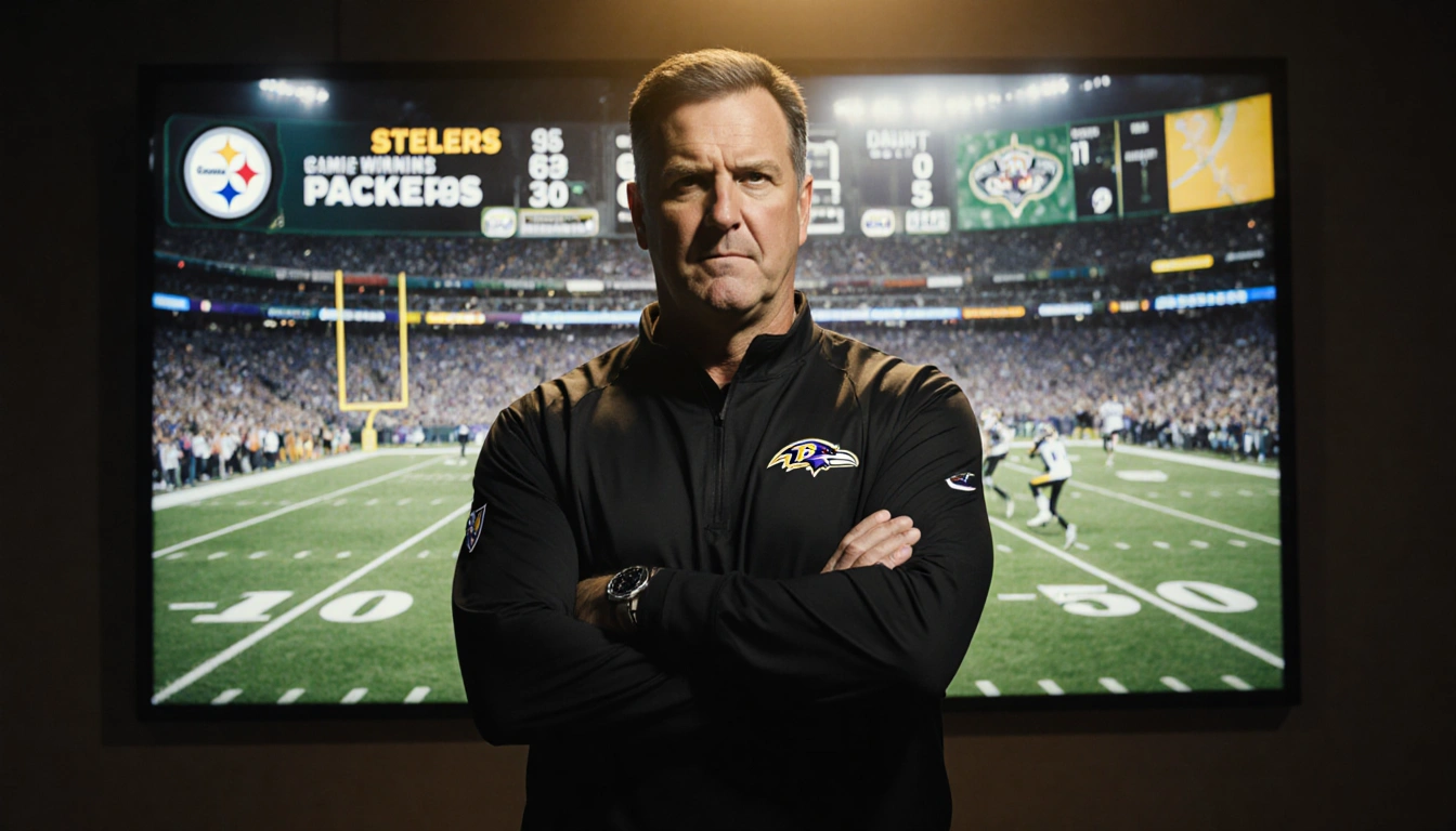 John Harbaugh standing with split-screen replay of Ravens touchdown on large screen and stadium lights behind